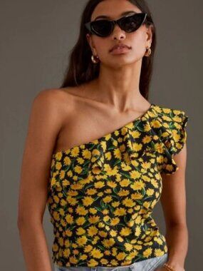 Maeve by Anthropologie One Shoulder Ruffle Yellow Flora Top Size Medium
